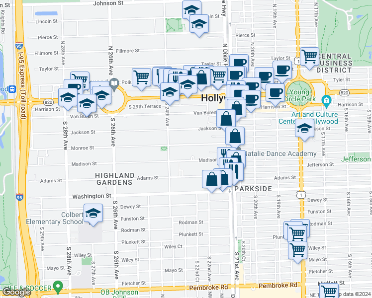 map of restaurants, bars, coffee shops, grocery stores, and more near 2306 Monroe Street in Hollywood