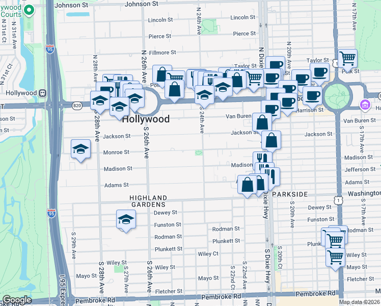 map of restaurants, bars, coffee shops, grocery stores, and more near 2424 Monroe Street in Hollywood