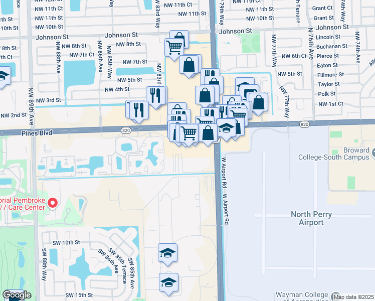 map of restaurants, bars, coffee shops, grocery stores, and more near 8200 Pines Boulevard in Pembroke Pines