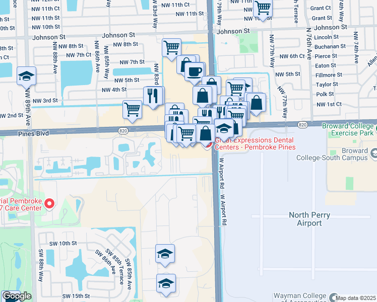 map of restaurants, bars, coffee shops, grocery stores, and more near 8200 Pines Boulevard in Pembroke Pines