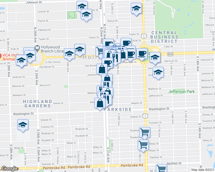 map of restaurants, bars, coffee shops, grocery stores, and more near 2037 Madison Street in Hollywood