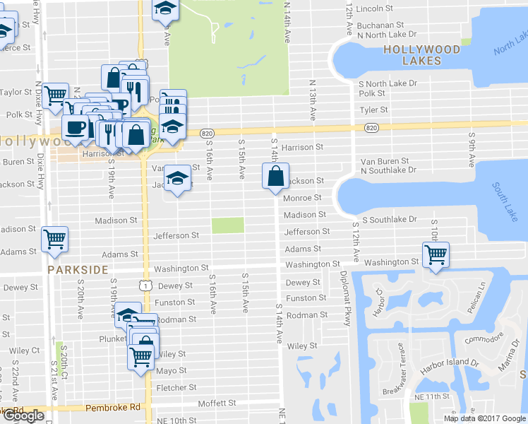 map of restaurants, bars, coffee shops, grocery stores, and more near 1432 Madison Street in Hollywood