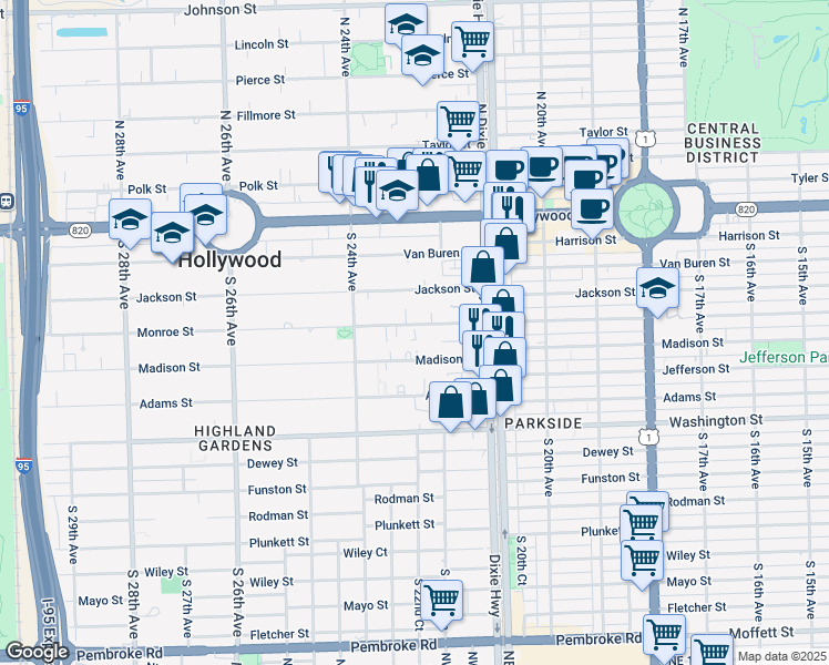 map of restaurants, bars, coffee shops, grocery stores, and more near 2242-2246 Monroe Street in Hollywood