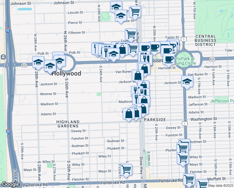 map of restaurants, bars, coffee shops, grocery stores, and more near 2242-2246 Monroe Street in Hollywood
