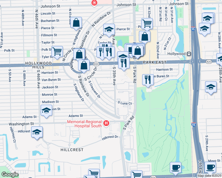 map of restaurants, bars, coffee shops, grocery stores, and more near 3600 Monroe Street in Hollywood
