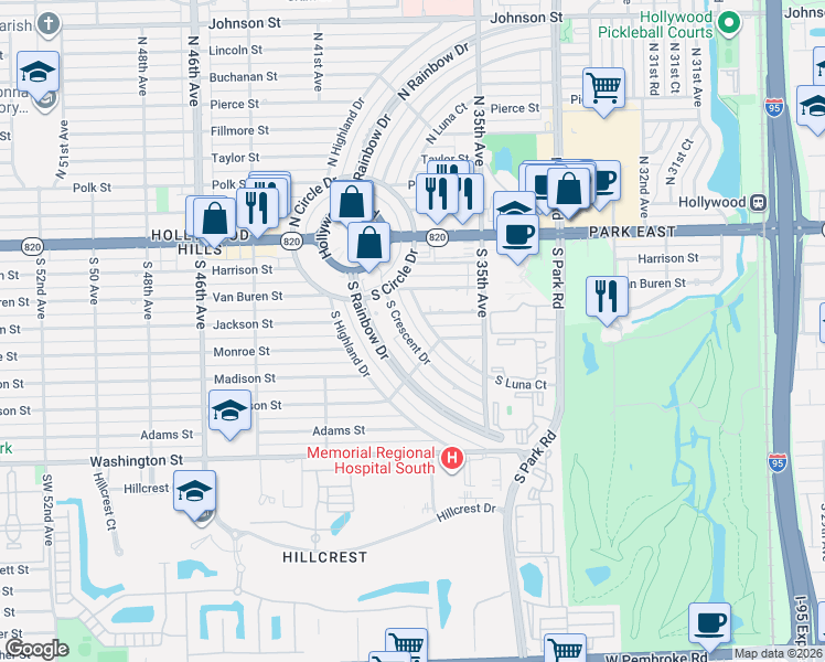 map of restaurants, bars, coffee shops, grocery stores, and more near 210 South Highland Court in Hollywood