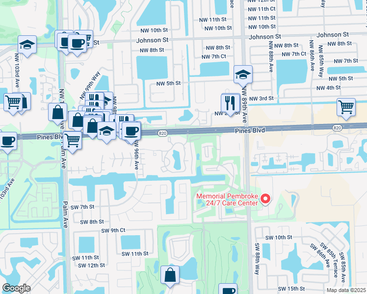 map of restaurants, bars, coffee shops, grocery stores, and more near 202 Palm Circle East in Pembroke Pines