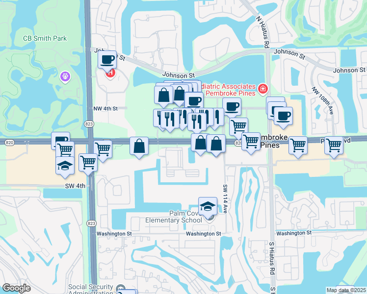 map of restaurants, bars, coffee shops, grocery stores, and more near 101 Southwest 117th Avenue in Pembroke Pines