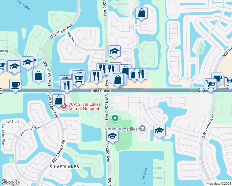map of restaurants, bars, coffee shops, grocery stores, and more near in Pembroke Pines
