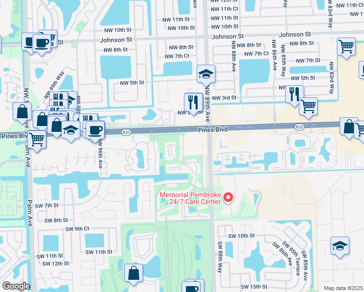 map of restaurants, bars, coffee shops, grocery stores, and more near 611 South Hollybrook Drive in Pembroke Pines