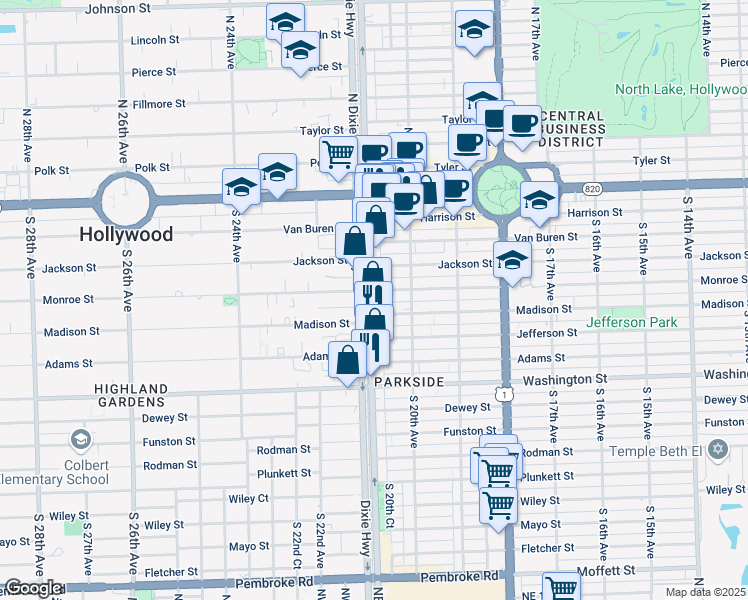 map of restaurants, bars, coffee shops, grocery stores, and more near 2037 Madison Street in Hollywood