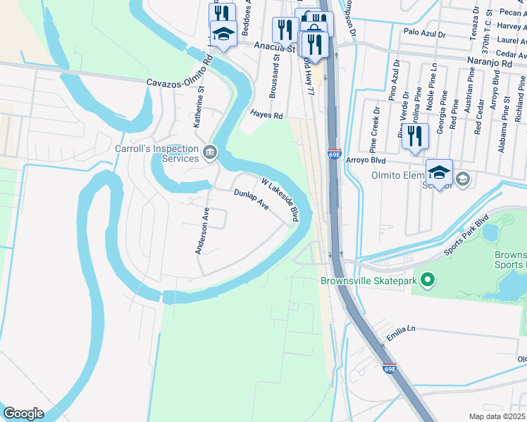 map of restaurants, bars, coffee shops, grocery stores, and more near 6395 Dunlap Avenue in Olmito