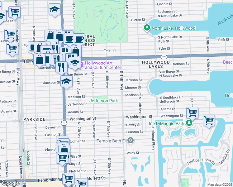 map of restaurants, bars, coffee shops, grocery stores, and more near 1432 Madison Street in Hollywood