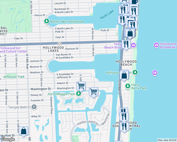 map of restaurants, bars, coffee shops, grocery stores, and more near 930 South South Lake Drive in Hollywood