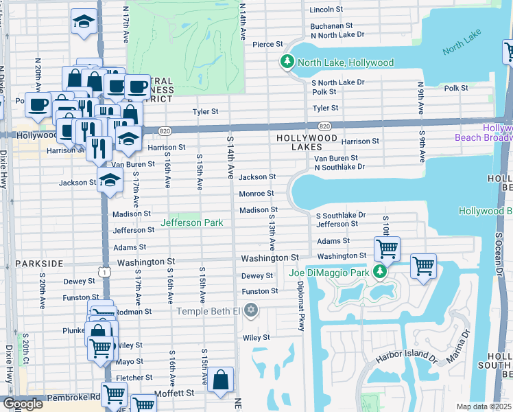 map of restaurants, bars, coffee shops, grocery stores, and more near 1316 Madison Street in Hollywood
