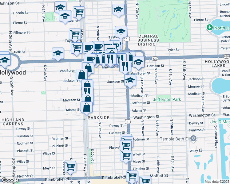 map of restaurants, bars, coffee shops, grocery stores, and more near 520 South 19th Avenue in Hollywood