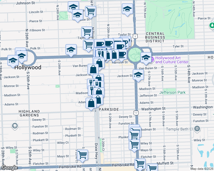 map of restaurants, bars, coffee shops, grocery stores, and more near 2037 Madison Street in Hollywood