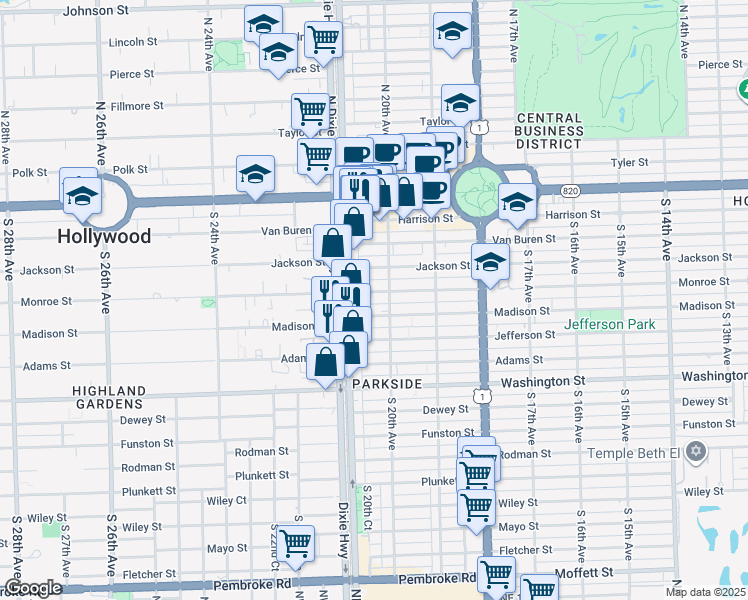 map of restaurants, bars, coffee shops, grocery stores, and more near 2037 Madison Street in Hollywood