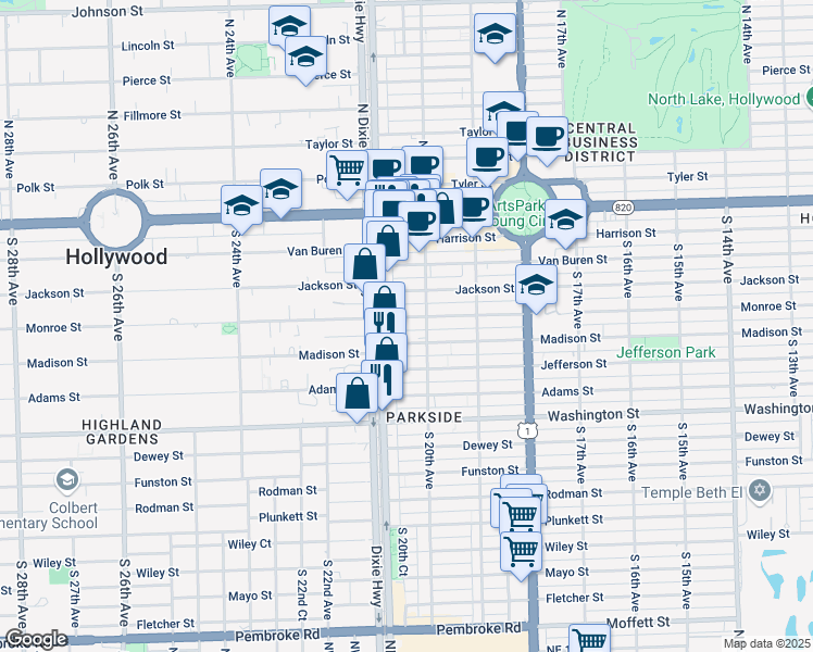 map of restaurants, bars, coffee shops, grocery stores, and more near 2037 Madison Street in Hollywood