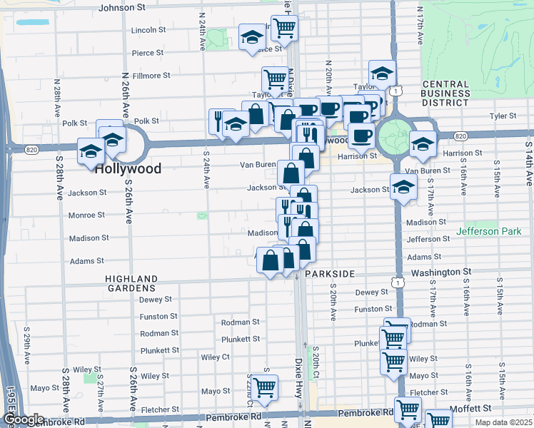map of restaurants, bars, coffee shops, grocery stores, and more near 2143 Monroe Terrace in Hollywood