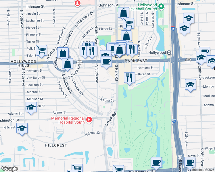 map of restaurants, bars, coffee shops, grocery stores, and more near 460 South Park Road in Hollywood