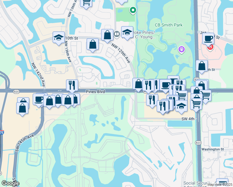 map of restaurants, bars, coffee shops, grocery stores, and more near 100 Southwest 132nd Way in Pembroke Pines