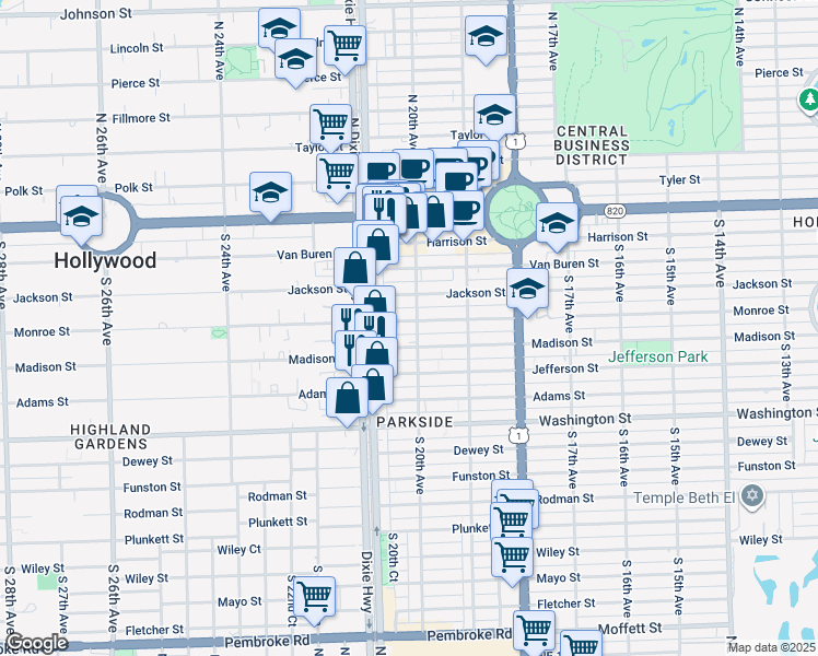 map of restaurants, bars, coffee shops, grocery stores, and more near 2037 Madison Street in Hollywood