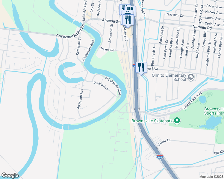 map of restaurants, bars, coffee shops, grocery stores, and more near 6386 Dunlap Avenue in Olmito