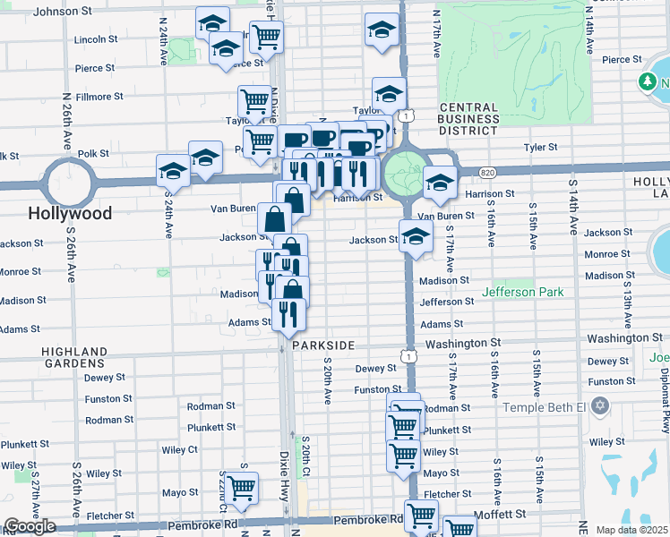 map of restaurants, bars, coffee shops, grocery stores, and more near 1951 Madison Street in Hollywood
