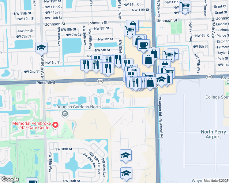 map of restaurants, bars, coffee shops, grocery stores, and more near 161 Southwest 84th Avenue in Pembroke Pines