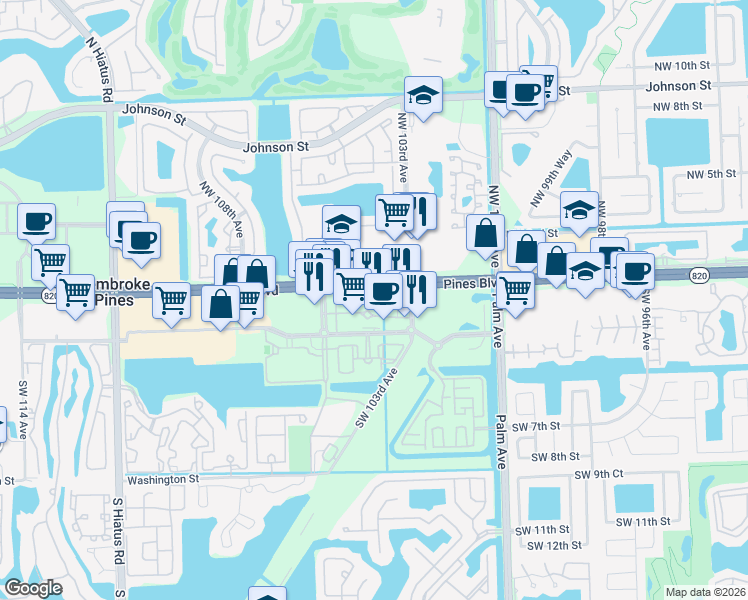 map of restaurants, bars, coffee shops, grocery stores, and more near 10296 Pines Boulevard in Pembroke Pines