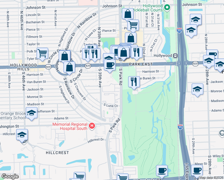 map of restaurants, bars, coffee shops, grocery stores, and more near 460 South Park Road in Hollywood
