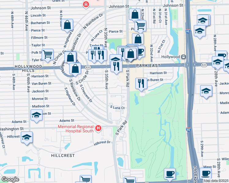 map of restaurants, bars, coffee shops, grocery stores, and more near 570 South Park Road in Hollywood