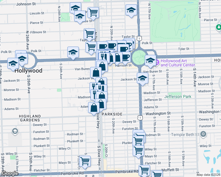map of restaurants, bars, coffee shops, grocery stores, and more near 2000 Monroe Street in Hollywood