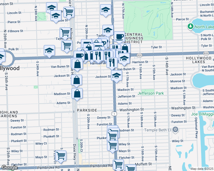 map of restaurants, bars, coffee shops, grocery stores, and more near 1813 Madison Street in Hollywood