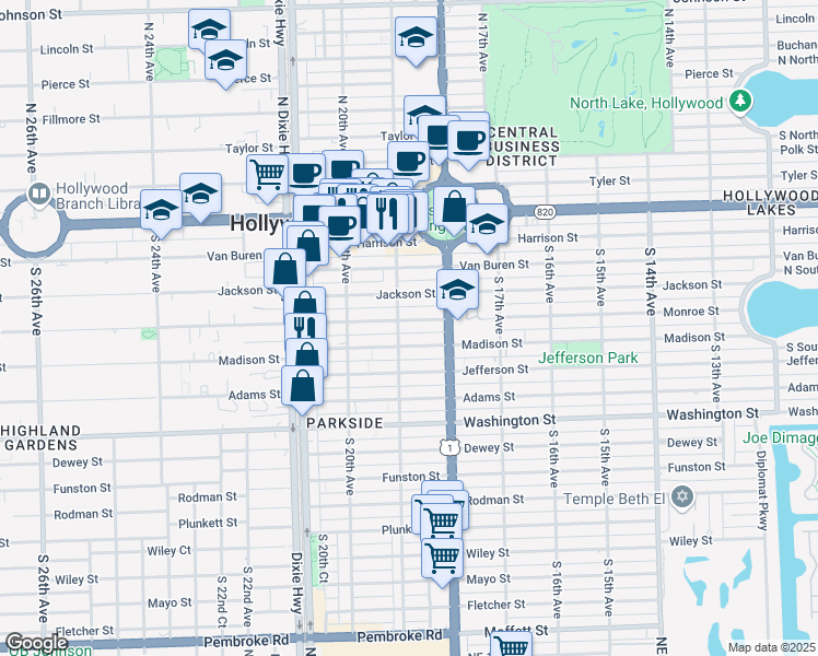 map of restaurants, bars, coffee shops, grocery stores, and more near 520 South 19th Avenue in Hollywood