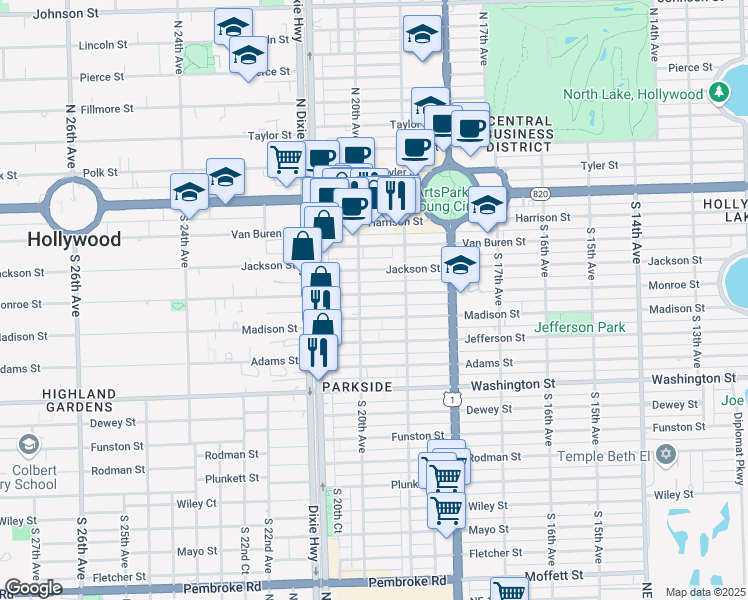 map of restaurants, bars, coffee shops, grocery stores, and more near 1951 Madison Street in Hollywood