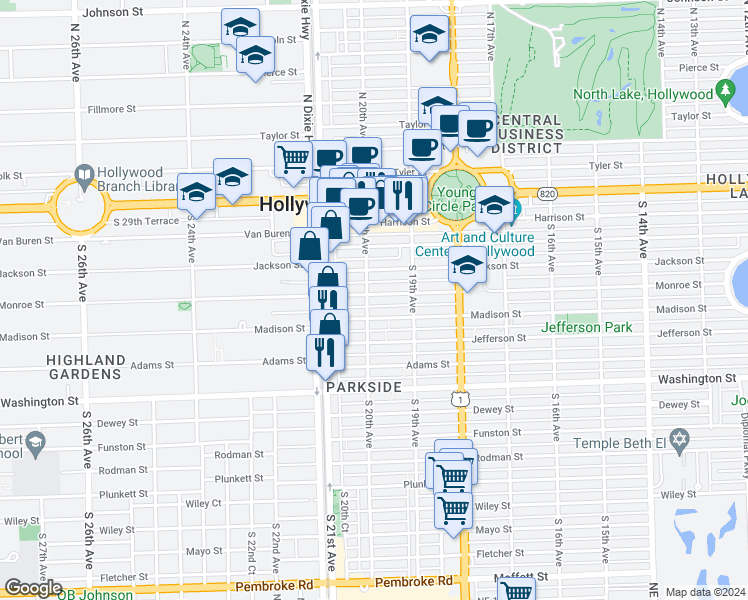 map of restaurants, bars, coffee shops, grocery stores, and more near 1951 Madison Street in Hollywood