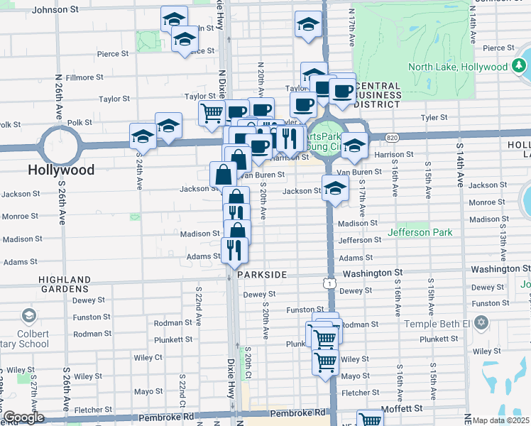 map of restaurants, bars, coffee shops, grocery stores, and more near 1951 Madison Street in Hollywood