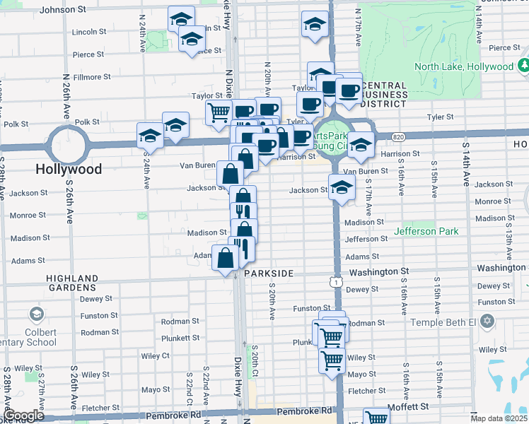 map of restaurants, bars, coffee shops, grocery stores, and more near 2037 Madison Street in Hollywood