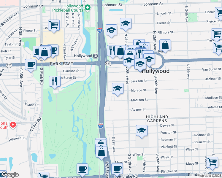 map of restaurants, bars, coffee shops, grocery stores, and more near 2922 Monroe Street in Hollywood