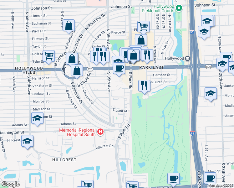 map of restaurants, bars, coffee shops, grocery stores, and more near 570 South Park Road in Hollywood