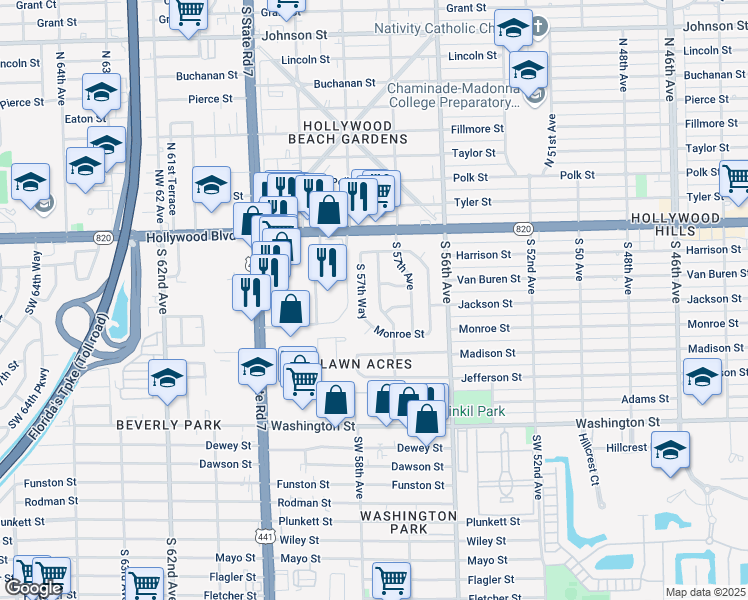 map of restaurants, bars, coffee shops, grocery stores, and more near 4 South 57th Terrace in Hollywood