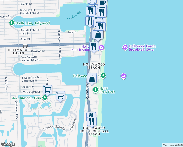 map of restaurants, bars, coffee shops, grocery stores, and more near 801 South Ocean Drive in Hollywood