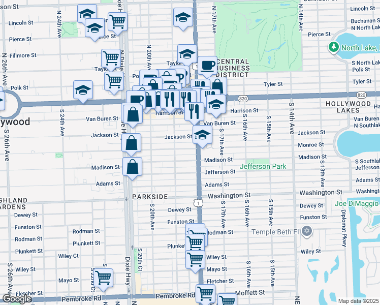 map of restaurants, bars, coffee shops, grocery stores, and more near 1813 Madison Street in Hollywood