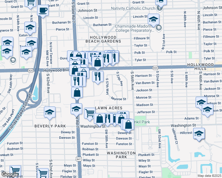map of restaurants, bars, coffee shops, grocery stores, and more near 4 South 57th Terrace in Hollywood