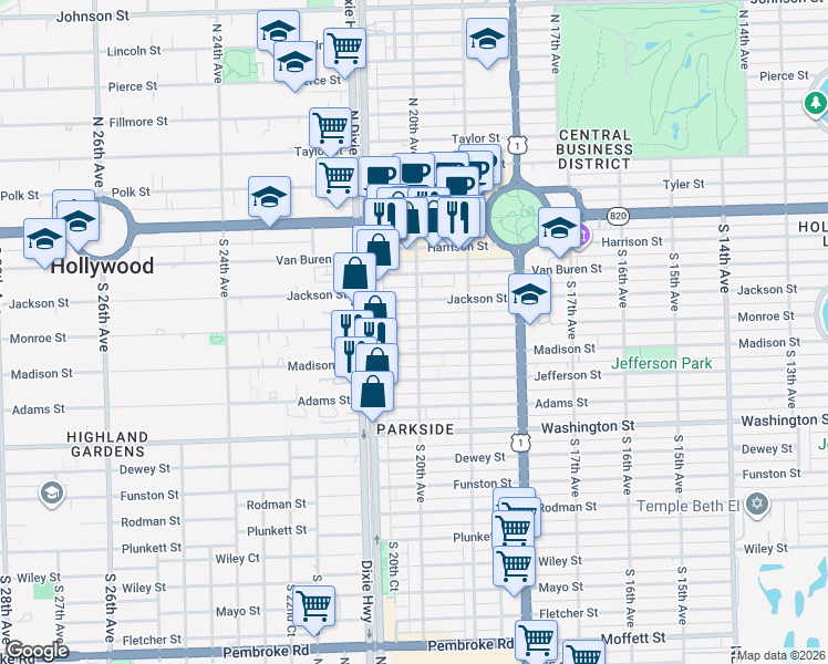 map of restaurants, bars, coffee shops, grocery stores, and more near 1951 Madison Street in Hollywood