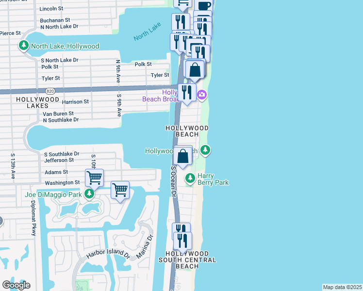 map of restaurants, bars, coffee shops, grocery stores, and more near 809 South Ocean Drive in Hollywood