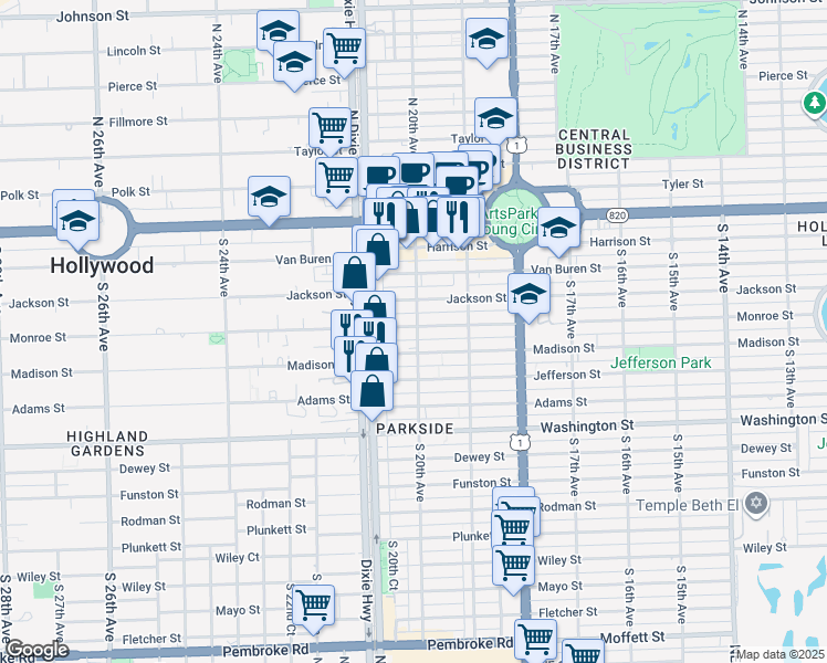 map of restaurants, bars, coffee shops, grocery stores, and more near 2000 Monroe Street in Hollywood