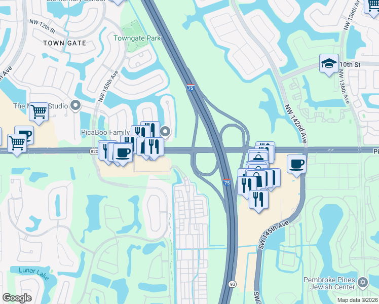 map of restaurants, bars, coffee shops, grocery stores, and more near 14836 Pines Boulevard in Pembroke Pines